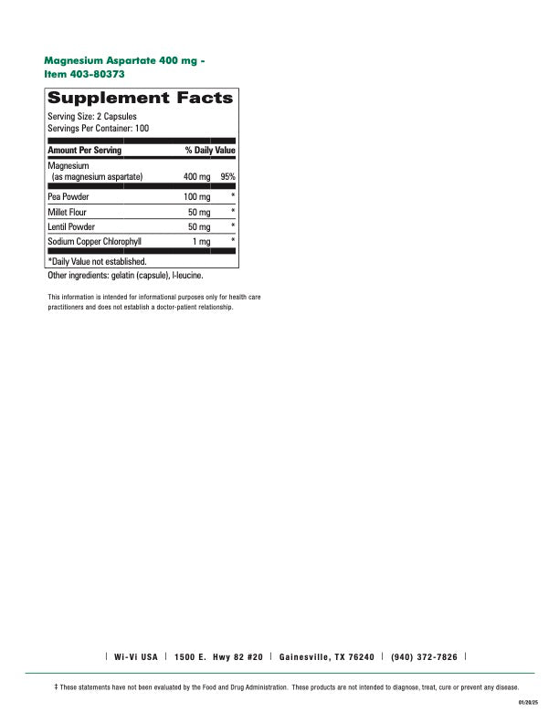 Magnesium Aspartate 400mg - Highly Absorbable Magnesium