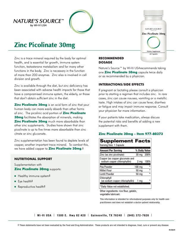 Detail sheet for zinc picolinate