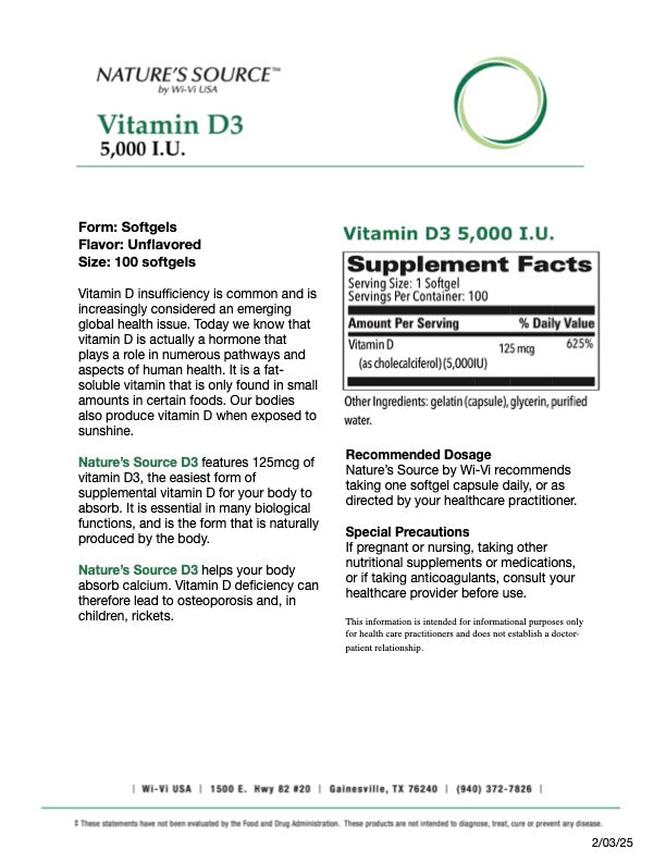Detail Sheet for Nature's Source Vitamin D3 5,000 dietary supplement with 100 softgels.