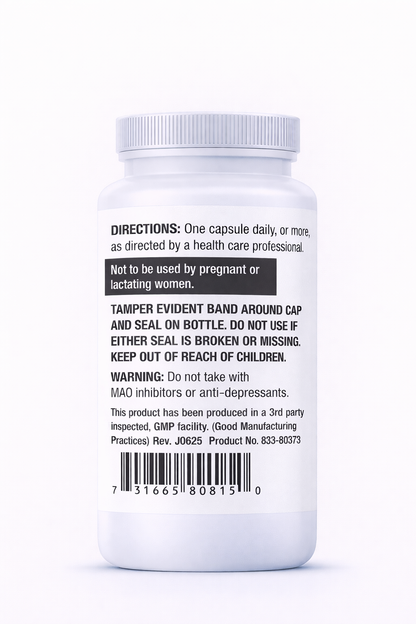 5-HTP 100mg Pill bottle with directions label on a white background