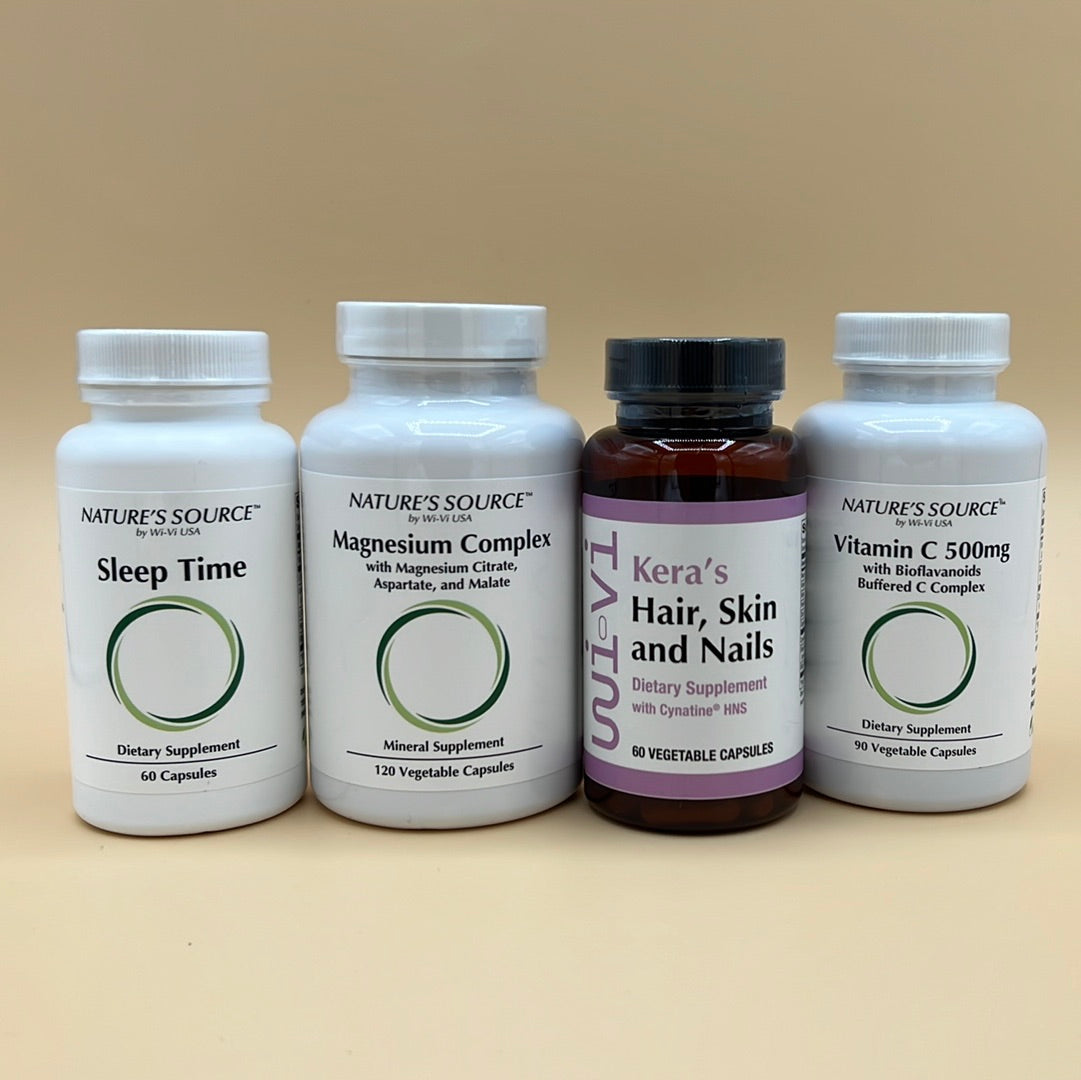 Beauty Essentials Package: Kera's Hair Skin and Nails, Vitamin C 5000mg, Magnesium Complex, and Sleep Time Supplement
