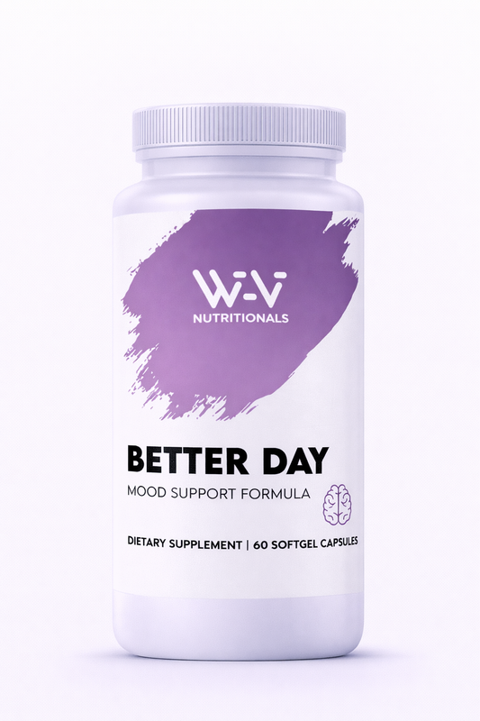 Better Day Mood Support - St. John's Wort & Natural Mood Formula Supplement bottle labeled 'Better Day' by Wi-Vi Nutritionals on a white background
