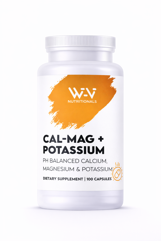 Supplement bottle labeled Wi-Vi Nutritional' with 'CAL-MAG + POTASSIUM' on a white background
