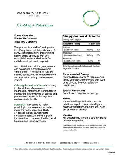Cal- Mag + Potassium detail sheet