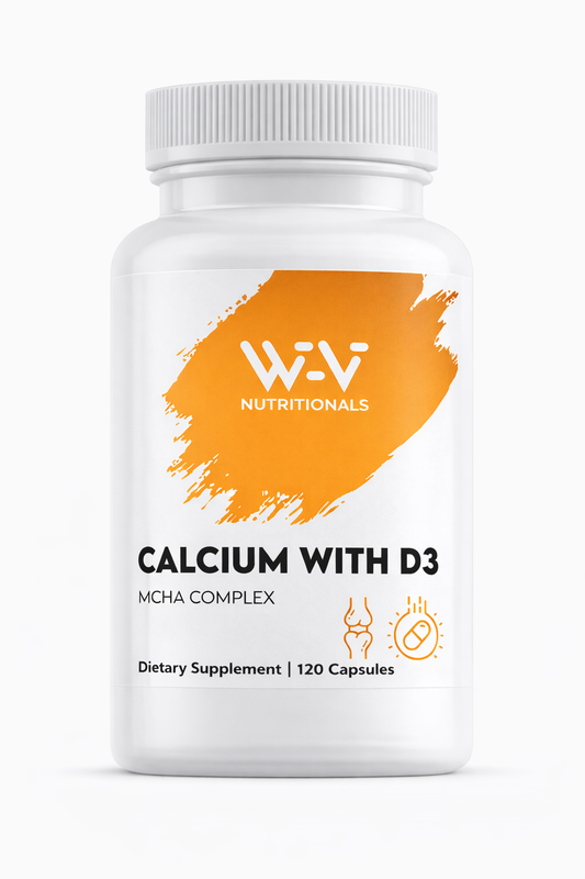Calcium Chelate with D3 Supplement bottle labeled Wi-Vi Nutritionals Calcium with D3' on a white background