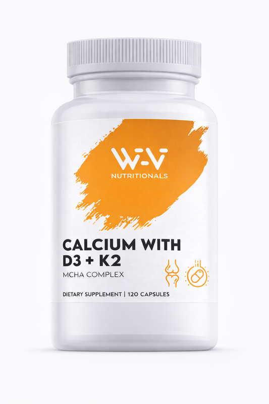 Supplement bottle labeled Wi-Vi Nutrionals Calcium with D3 + K2' on a white background