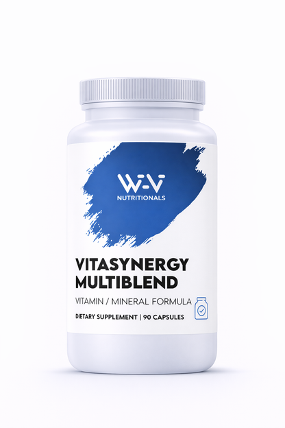 Supplement bottle labeled 'Vitasynergy Multiblend' by W-V Nutrionals on a white background