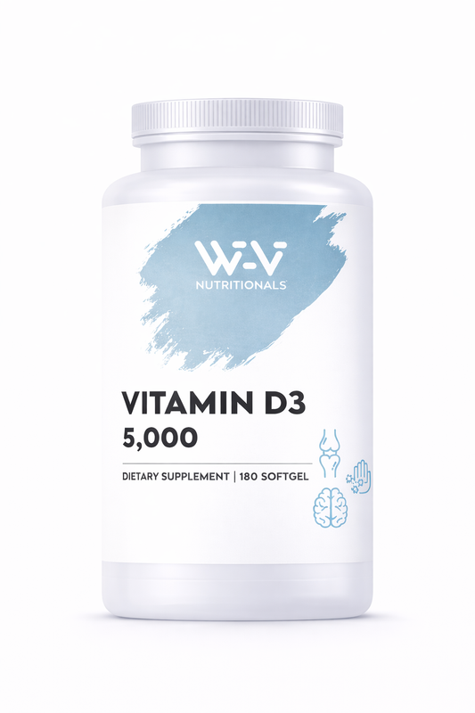 Supplement bottle labeled 'Vitamin D3 5,000' by W-V Nutritional on a white background
