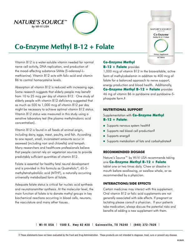 Co-Enzyme Methyl B-12 + Folate  - 60 Tablets