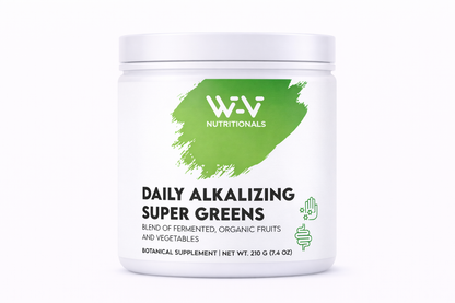 Supplement container labeled 'Daily Alkalizing Super Greens' by WIV Nutritionals on a white background
