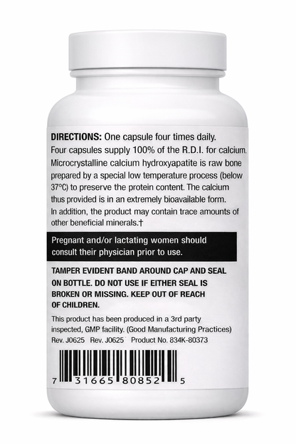 Calcium with D3 + K2 MCHA Complex Bottle label with directions and product information on a white background