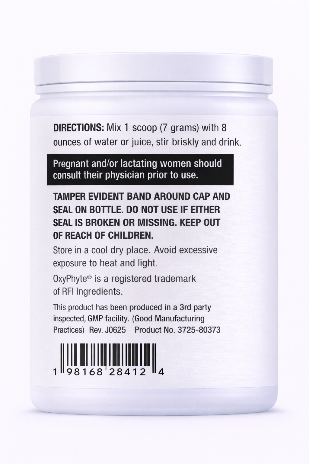 Back label of a supplement container with text and bar code on a white background