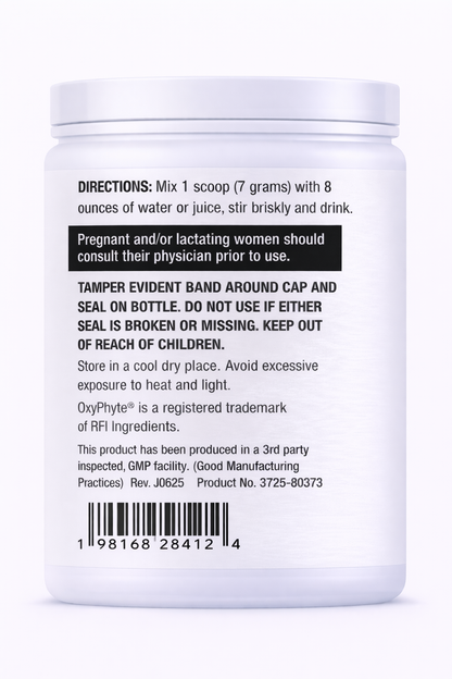 Back label of a supplement container with text and bar code on a white background