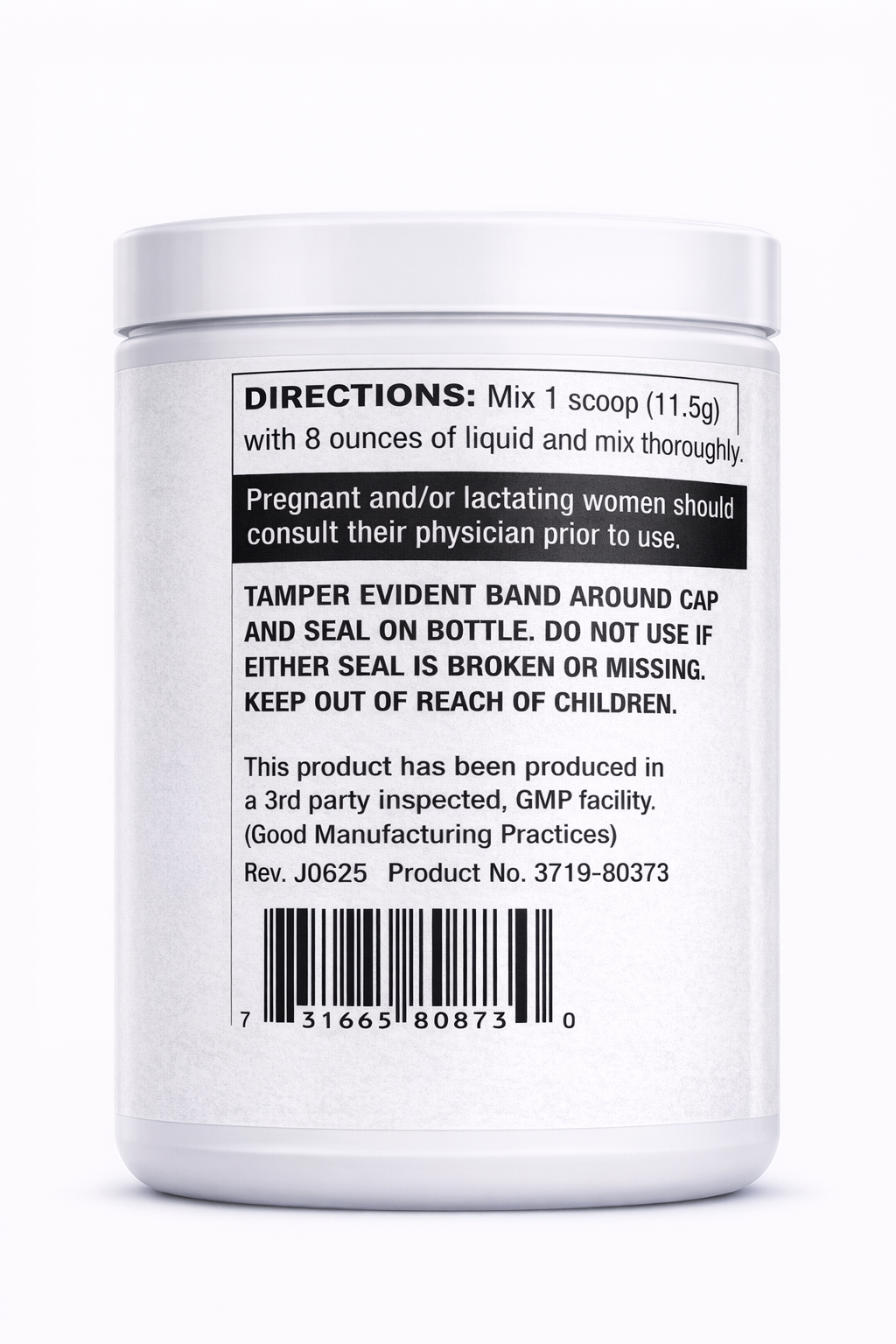 Back label of a supplement container with directions and product details on a white background