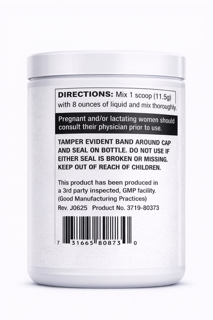 Back label of a supplement container with directions and product details on a white background