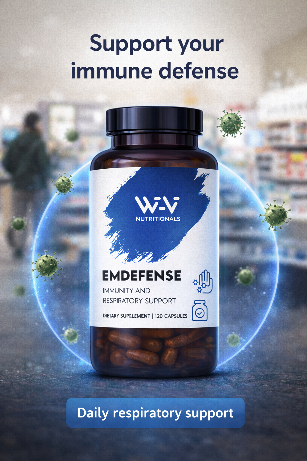 Supplement bottle labeled 'WV Nutrionals Endefense' with immune defense text in a pharmacy setting.