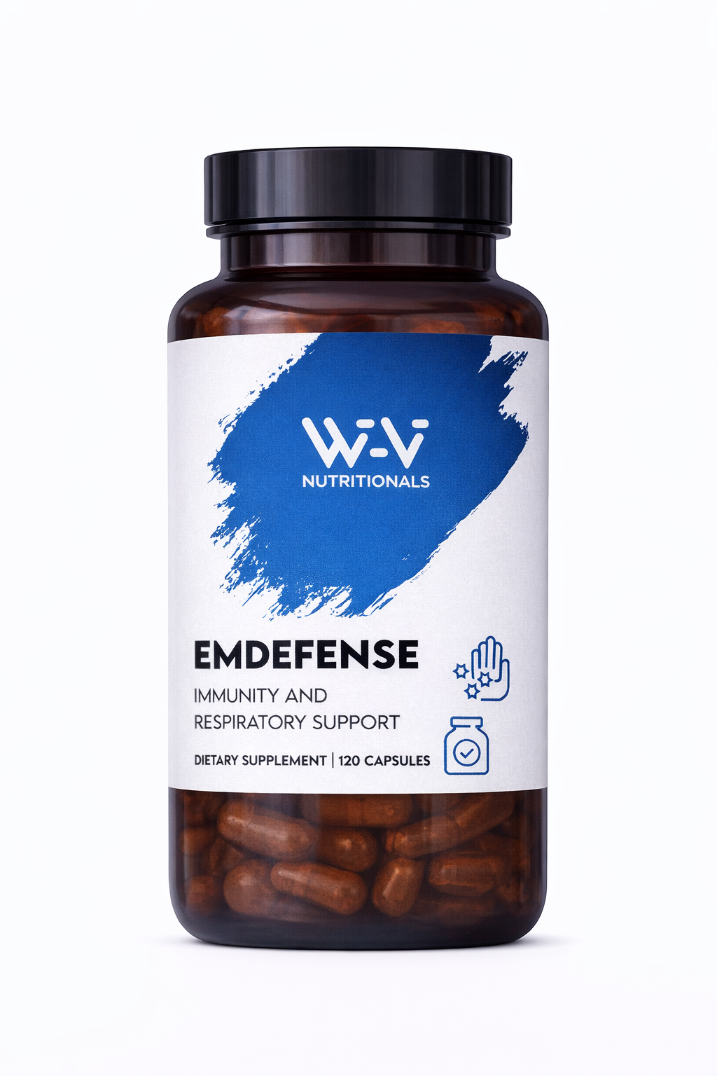 Supplement bottle labeled 'Emdefense' by W&V Nutrionals on a white background