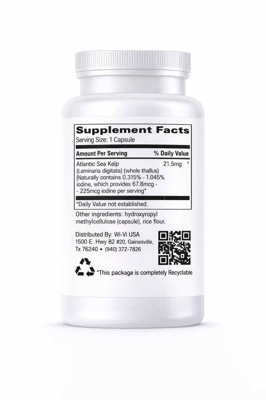 Iodine from Atlantic Sea Kelp Supplement bottle labeled 'Wi-Vi Nutritionals with label on a white background