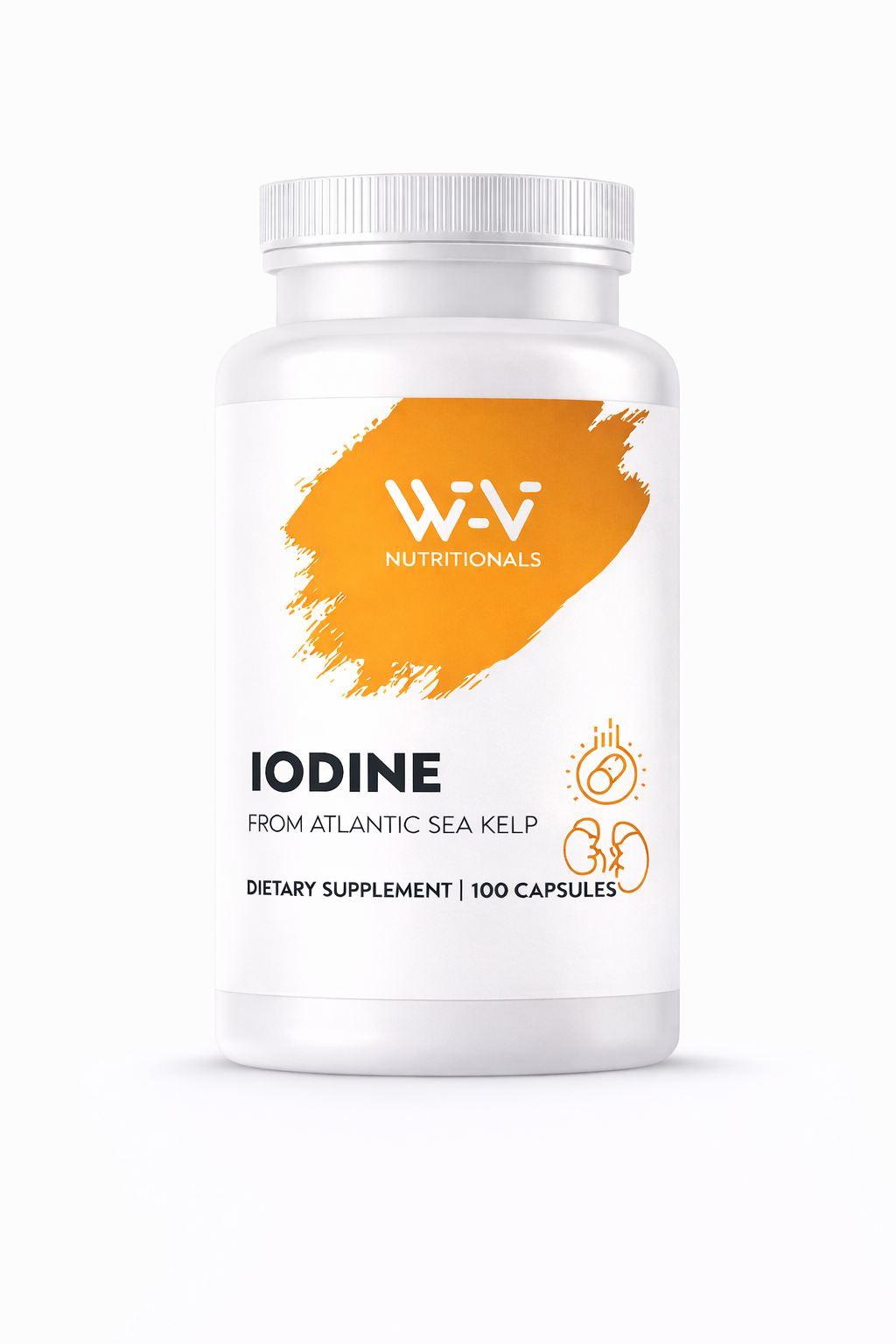Iodine from Atlantic Sea Kelp Supplement bottle labeled 'Wi-Vi Nutritionals on a white background