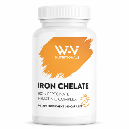 Supplement bottle labeled 'Iron Chelate' by W-V Nutritionals on a white background