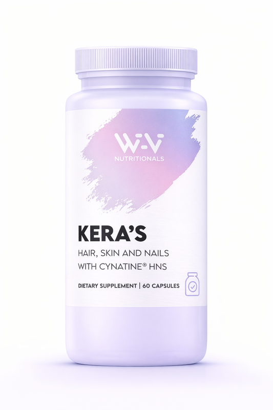 Supplement bottle labeled 'Kera's' by Wi-Vi Nutritionals on a white background