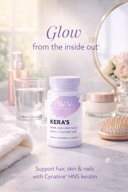 Supplement bottle labeled 'Kera's' on a bathroom counter with text 'Glow from the inside out'.
