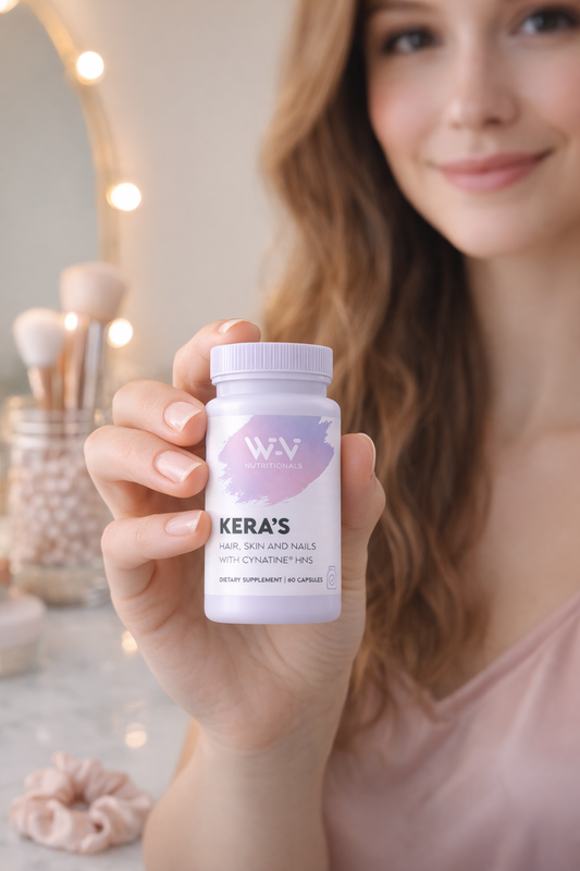 Woman holding a bottle of Kera's hair, skin, and nails supplement with decorative lights in the background.