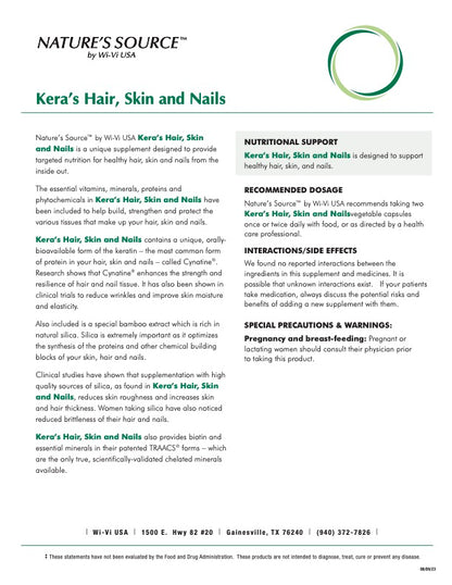 Kera's Hair, Skin and Nails dietary supplement detail sheet
