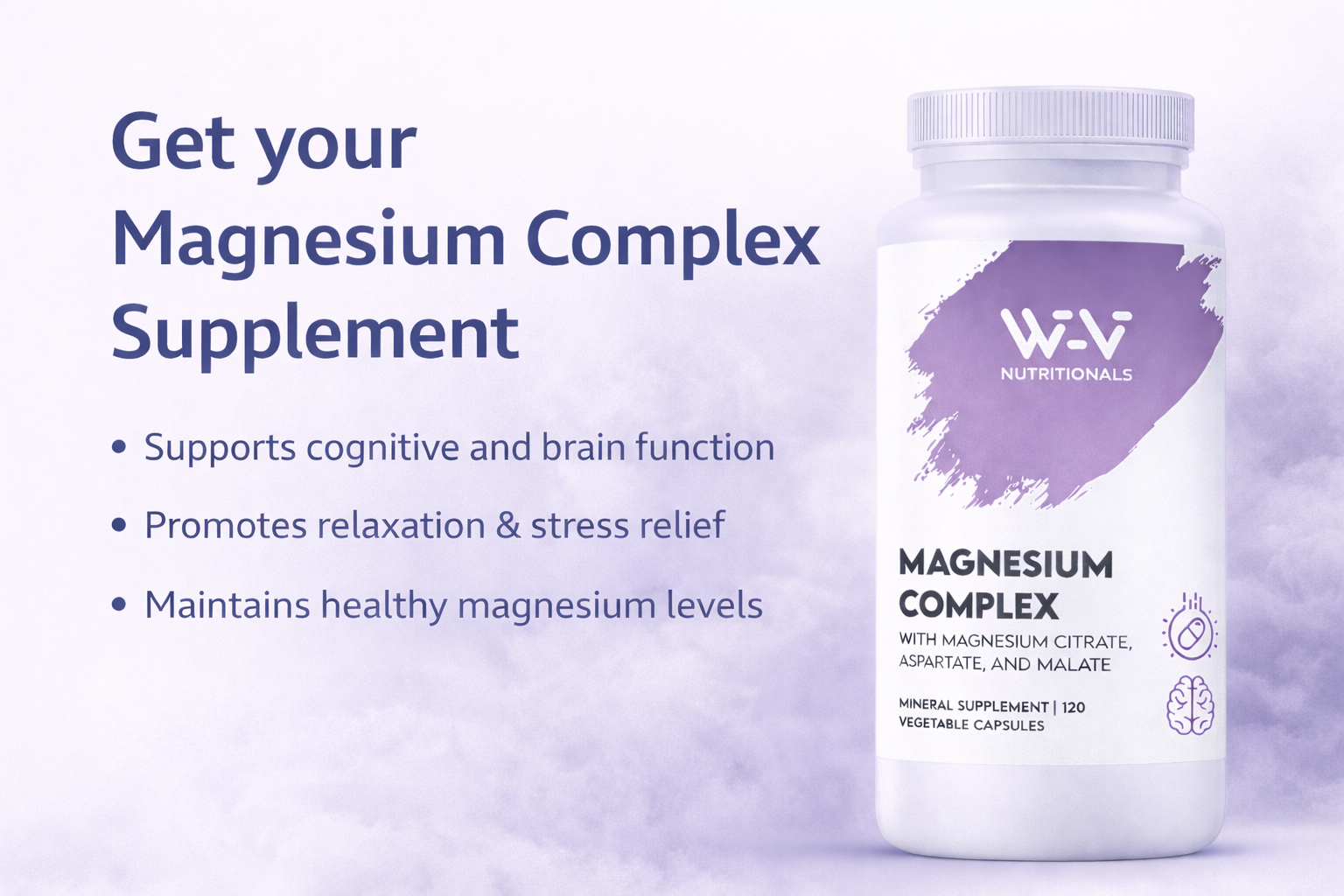 Supplement bottle labeled Wi-Vi Nutrionals' with text about magnesium complex benefits on a light purple background.