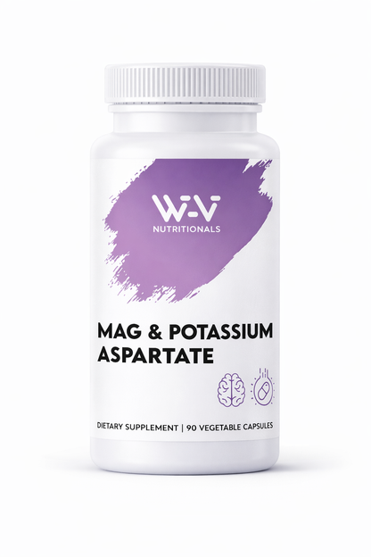 Magnesium & Potassium Aspartate Supplement bottle labeled 'W-V Nutritionals' with purple label on a white background