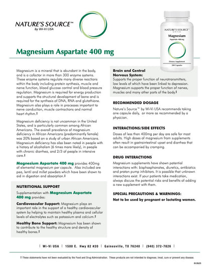 Magnesium Aspartate 400mg - Highly Absorbable Magnesium