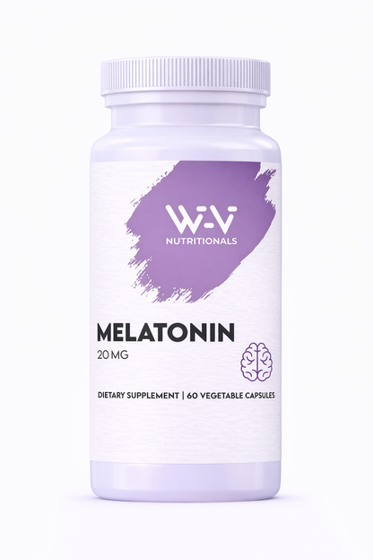 Supplement bottle labeled 'Melatonin' by W-V Nutritions on a white background