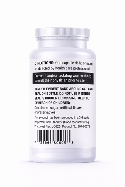 White supplement bottle with label on a white background