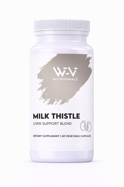 Milk Thistle Blend Supplement bottle labeled 'Milk Thistle' by W.V Nutritionals on a white background