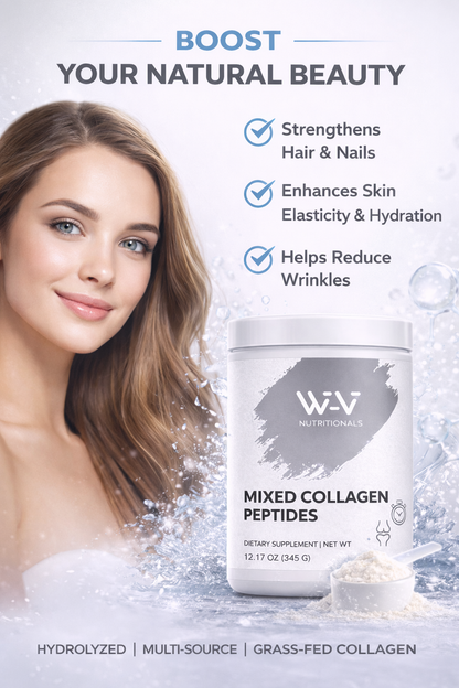 Woman with healthy hair and skin next to a container of Wi-Vi Nutritional Mixed Collagen Peptides.