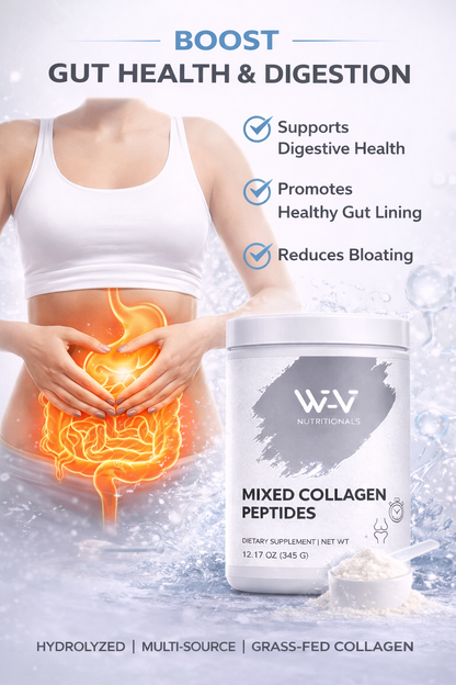Supplement container labeled 'Wi-Vi Nutritional Mixed Collagen Peptides' with a person holding their gut and glowing intestines.