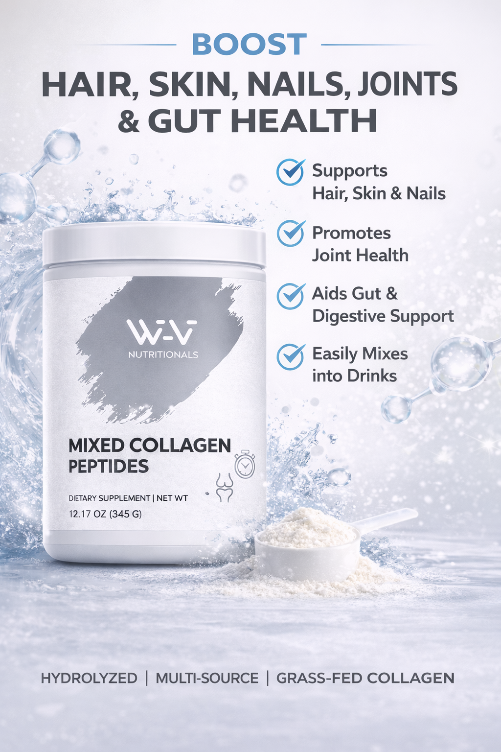 Wi-Vi Nutraceuticals mixed collagen peptides container with product details on a light blue background