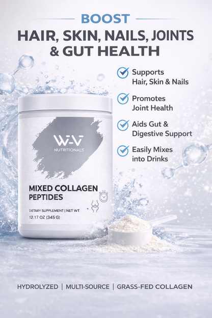 Wi-Vi Nutraceuticals mixed collagen peptides container with product details on a light blue background