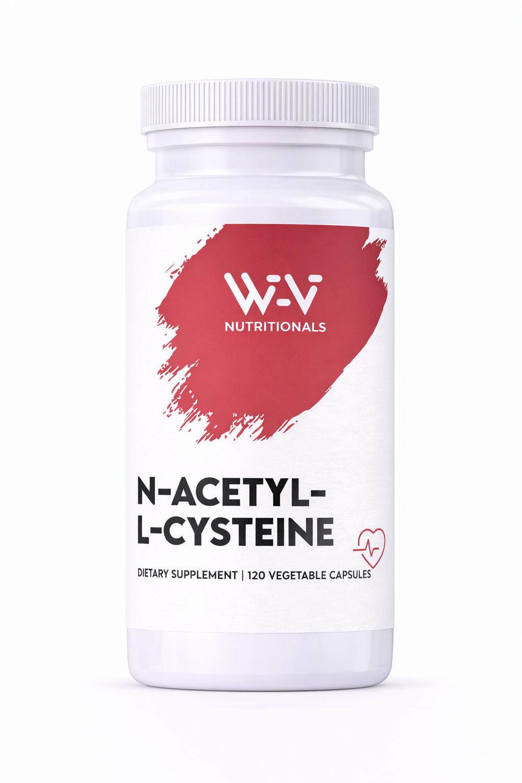 Supplement bottle labeled 'N-Acetyl-L-Cysteine' by W-V Nutrionals on a white background