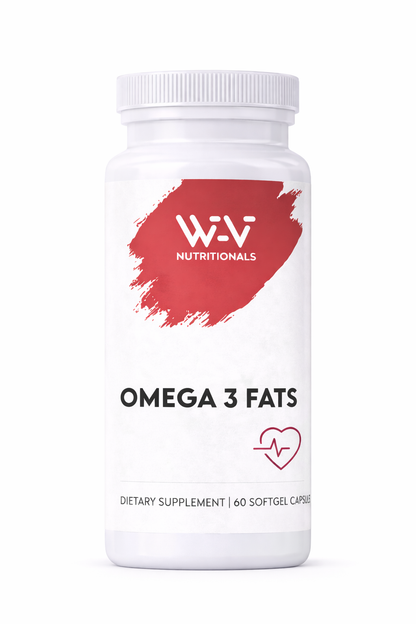 Supplement bottle labeled 'Omega 3 Fats' by Wi-Vi Nutritionals on a white background