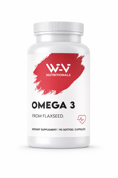 Omega 3 dietary supplement bottle with WV Nutritionals label on a white background