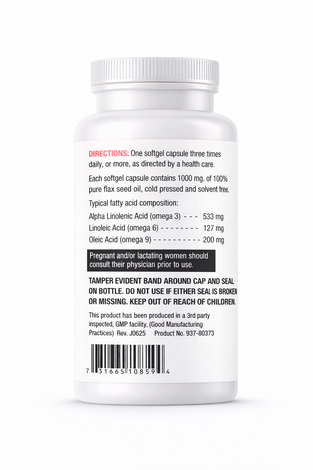 directions on back of omega 3 with flaxseed bottle with label on a white background