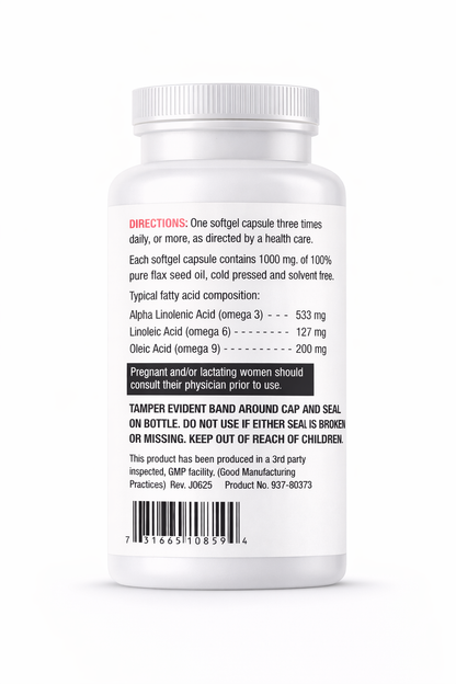 directions on back of omega 3 with flaxseed bottle with label on a white background
