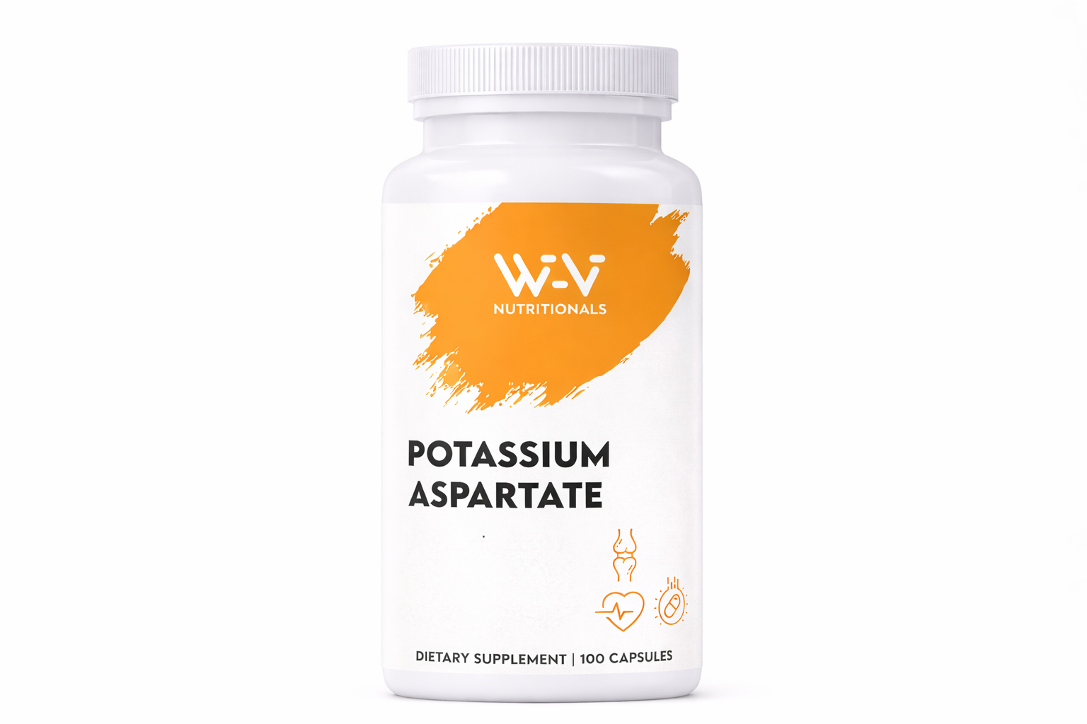 Supplement bottle labeled 'Wi-Vi Nutritionals' with 'Potassium Aspartate' on a white background