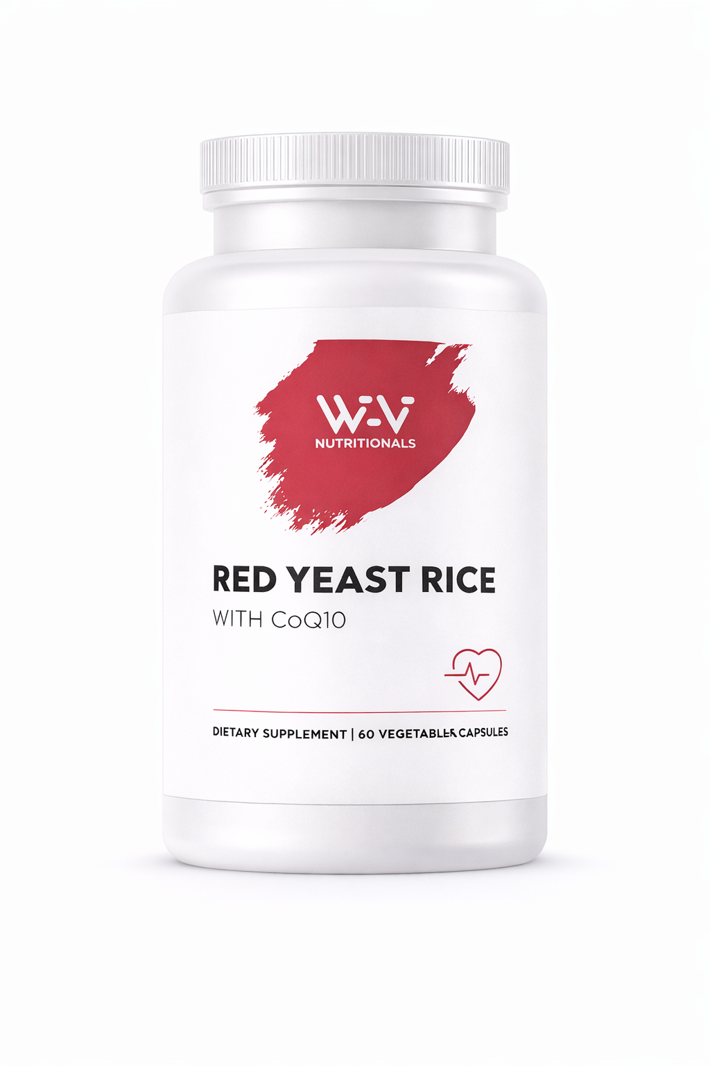 Supplement bottle labeled 'Red Yeast Rice with CoQ10' by W&V Nutrionals on a white background