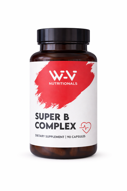 Supplement bottle labeled 'Super B Complex' by Wi-Vi Nutrionals on a white background