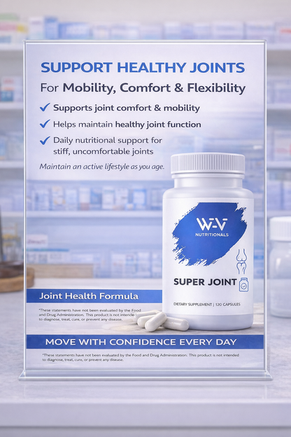 W-V Nutraceuticals Super Joint supplement bottle with product description on a blurred store shelf background