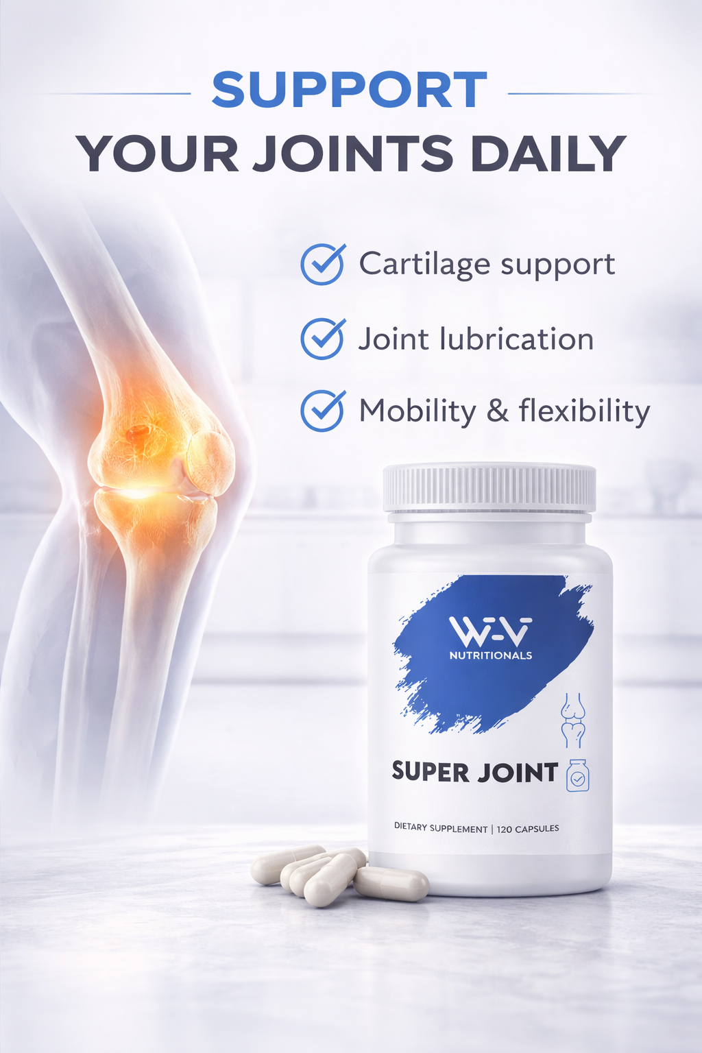 Supplement bottle labeled 'Super Joint' with a knee illustration and text about joint support on a white background.