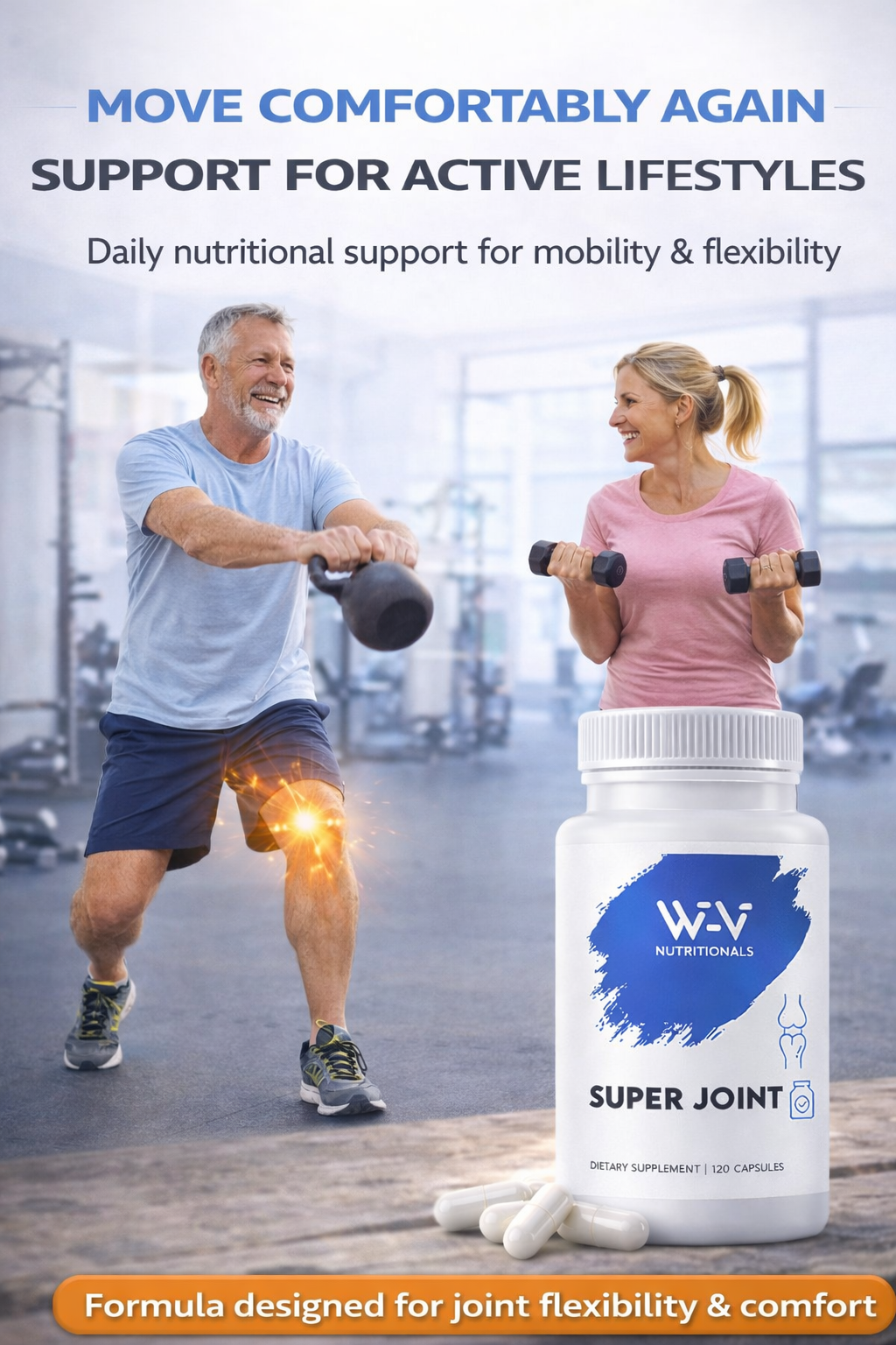 Two people exercising with kettlebells, a bottle of Super Joint supplement in the foreground.