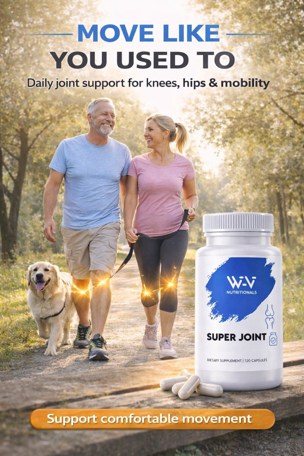 Couple walking their dog on a path with a bottle of Wi-Vi Super Joint supplements in the foreground.